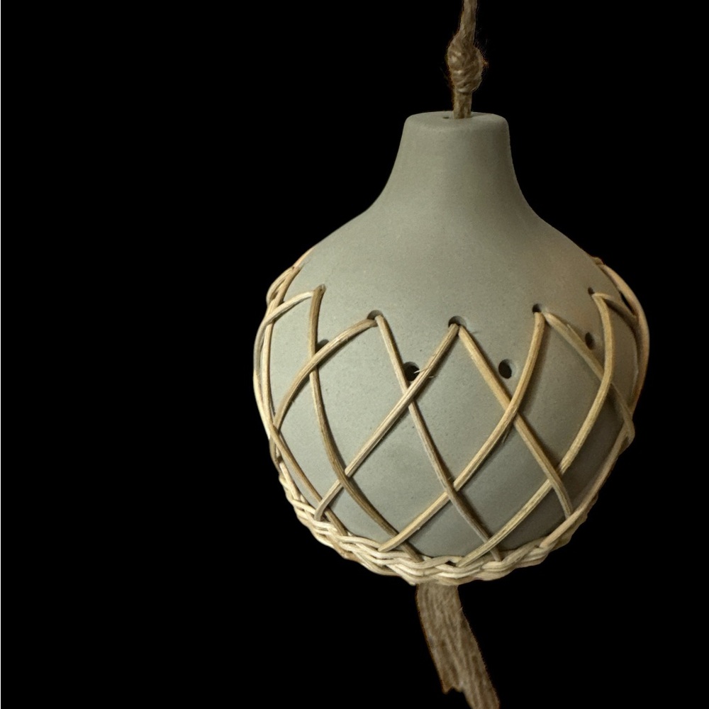 Tan Terracotta Bell with Woven Rattan in Geometric Pattern. (2-E)